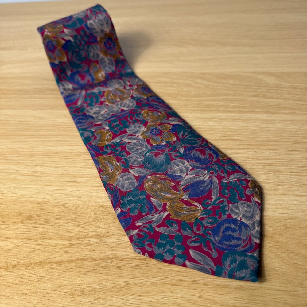 VTG London Fog 100% Silk Floral Necktie Mens Burgundy‎ Sophisticated Wedding